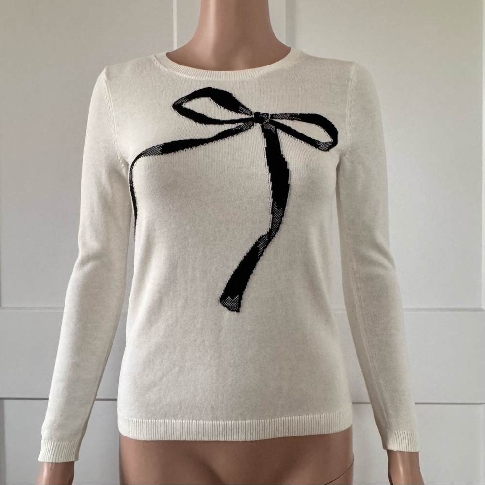 Banana Republic Factory Cream Black Bow Light Long Sleeve Sweater PXXS Petite